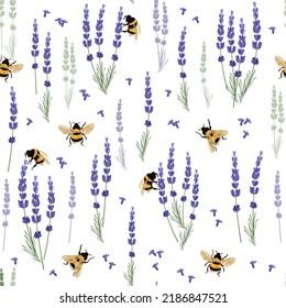 Vector seamless pattern of lavender, bumblebee, romantic, provence, for packaging, textiles