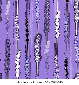 Vector seamless pattern of lavender flowers drawn in line graphic and watercolor artistic techniques