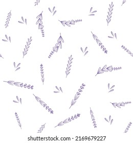 Vector seamless pattern of lavender flowers elements. Perfect for branding, wrapping paper, textile. Lavender hand drawn. Lavender flowers isolated on white background.