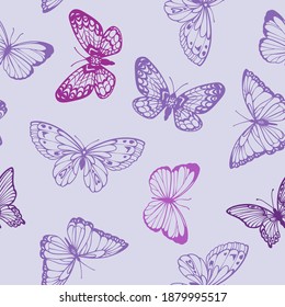 Vector seamless pattern in lavender shades with contour decorative butterflies
