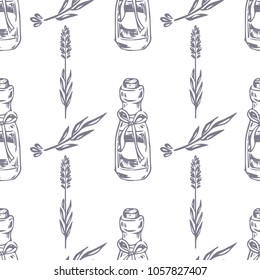 Vector Seamless pattern. Lavender theme of Provence. Pattern with graphic lavender's stems and mortar. Digital drawn illustration in lilac color. Vintage pattern of lavender elements isolated on white