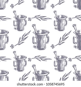Vector Seamless pattern. Lavender theme of Provence. Pattern with graphic lavender's stems and mortar. Digital drawn illustration in lilac color. Vintage pattern of lavender elements isolated on white