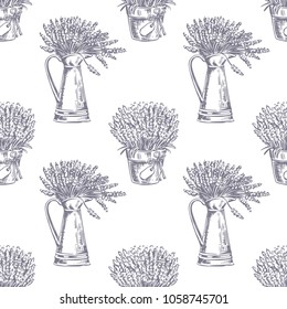 Vector Seamless pattern. Lavender theme of Provence. Pattern with graphic lavender flowers in pot. Digital drawn illustration in lilac color. Vintage pattern of lavender flowers isolated on white.