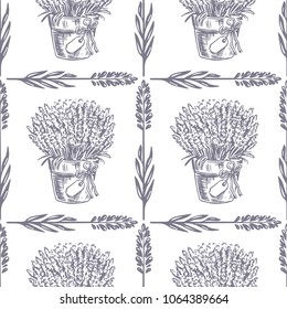 Vector Seamless pattern. Lavender theme of Provence. Pattern with graphic lavender flowers in pot. Digital drawn illustration in lilac color. Vintage pattern of lavender flowers isolated on white.