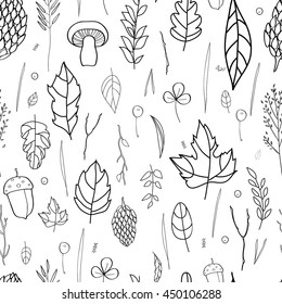 Vector seamless pattern with leaf, berries, blades of grass, autumn elements and templates. black and white background. autumn hipster background. Bright pattern. Autumn template.