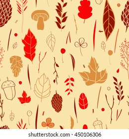 Vector seamless pattern with leaf, berries, blades of grass, autumn elements and templates. ocher, red, brown background. autumn hipster background. Bright pattern. Autumn template.