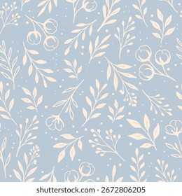 Vector seamless pattern with leaf branches, cotton flowers and dried flowers in delicate pastel shades.
