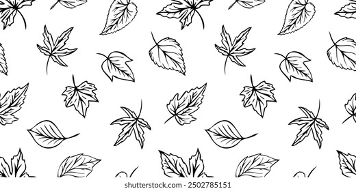 Vector seamless pattern with leaf outlines in doodle style. Line art autumn background. Concept of forest, leaf fall, nature.