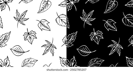 Vector seamless pattern with leaf outlines in doodle style. Line art autumn background. Concept of forest, leaf fall, nature.