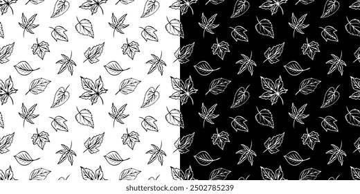Vector seamless pattern with leaf outlines in doodle style. Line art autumn background. Concept of forest, leaf fall, nature.