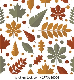 Vector seamless pattern of 
leaf in three colors (red, yellow, green) on a white background. Textile sketch, background, wrapping paper, design, packaging. Eps 8.