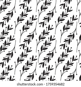 Vector seamless pattern with leaf, twig: black contur leaves for fabric, wallpaper, wrapping paper, textile, package, web design