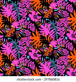 Vector seamless pattern with leafs and flowers inspired by tropical nature and plants like palm trees and ferns in bright colors for fall winter fashion. Colorful floral print, texture and background