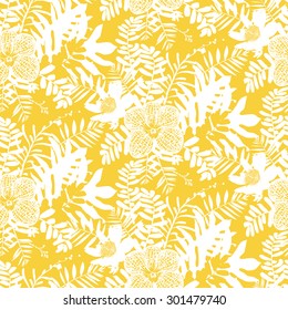 Vector seamless pattern with leafs and flowers inspired by tropical nature and plants like palm trees and ferns in bright colors for fall winter fashion. Colorful floral print, texture and background