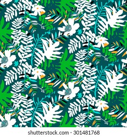 Vector seamless pattern with leafs and flowers inspired by tropical nature and plants like palm trees and ferns in bright colors for fall winter fashion. Colorful floral print, texture and background