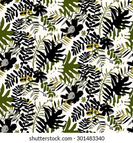 Vector seamless pattern with leafs and flowers inspired by tropical nature and plants like palm trees and ferns in bright colors for fall winter fashion. Colorful floral print, texture and background