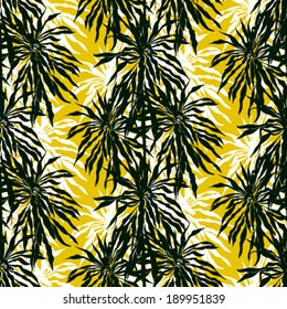 Vector seamless pattern with leafs inspired by tropical nature and plants like palm trees in bright yellow, black and white colors.