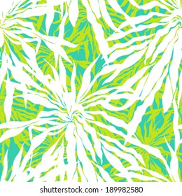Vector seamless pattern with leafs inspired by tropical nature and plants like palm trees in multiple colors: aqua blue, green, white
