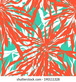 Vector seamless pattern with leafs inspired by tropical nature and plants like palm trees in multiple colors: turquoise, coral red and white