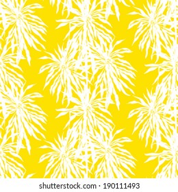 Vector seamless pattern with leafs inspired by tropical nature and plants like palm trees in sunny yellow and white colors.