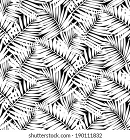 Vector seamless pattern with leafs inspired by tropical nature and plants like palm trees and ferns in black and white colors