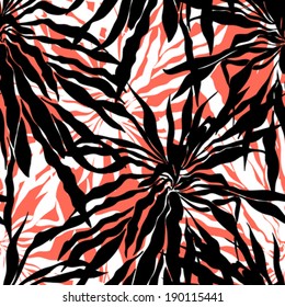 Vector seamless pattern with leafs inspired by tropical nature and plants like palm trees in multiple colors: black, white and coral red