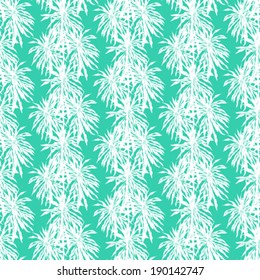 Vector seamless pattern with leafs inspired by tropical nature and plants like palm trees in aqua blue and white colors.