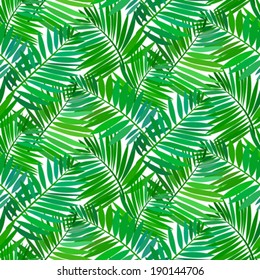 Vector seamless pattern with leafs inspired by tropical nature and plants like palm trees and ferns in multiple green colors and white