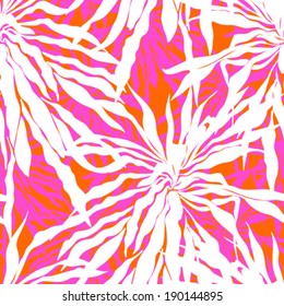 Vector seamless pattern with leafs inspired by tropical nature and plants like palm trees in multiple colors: bright pink, orange and white