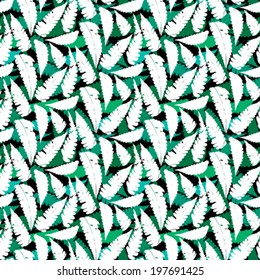 Vector seamless pattern with leafs inspired by tropical nature and plants like palm trees and ferns in multiple colors green, white and black