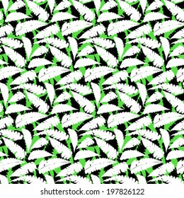 Vector seamless pattern with leafs inspired by tropical nature and plants like palm trees and ferns in multiple colors green, white and black