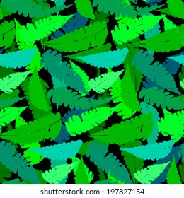 Vector seamless pattern with leafs inspired by tropical nature and plants like palm trees and ferns in multiple green colors and black