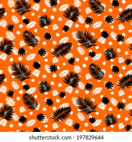 Vector seamless pattern with leafs inspired by tropical nature and plants like palm trees and ferns in orange, black and white