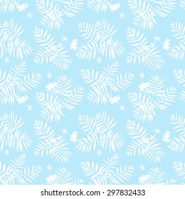 Vector seamless pattern with leafs inspired by tropical nature and plants like palm trees and ferns in soft blue and white colors. Print for fall winter fashion. Floral texture and background