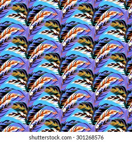 Vector seamless pattern with leafs inspired by autumn nature and plants like palm trees and ferns in cool organic colors for fall winter fashion. Colorful floral texture and background