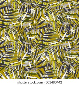 Vector seamless pattern with leafs inspired by autumn nature and plants like palm trees and ferns in cool organic colors for fall winter fashion. Colorful floral texture and background