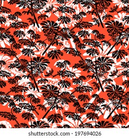 Vector seamless pattern with leaf's silhouettes over sunset sky, inspired by tropical nature and plants like palm trees in multiple colors like red, orange, purple and black