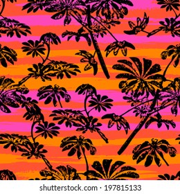 Vector seamless pattern with leaf's silhouettes over sunset sky, inspired by tropical nature and plants like palm trees in multiple colors like red, orange, purple and black