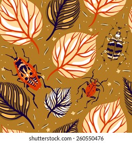 vector seamless pattern with leaves and beetles
