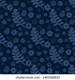 Vector seamless pattern leaves and berries, flowers, icons silhouette. Blueberry seamless pattern for stickers, labels, tags, gift wrapping paper, greeting cards, posters and banner design.