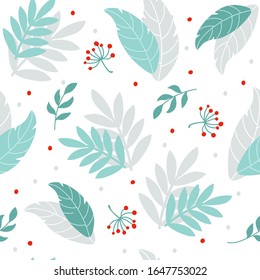 Vector seamless pattern with leaves and berries. Endless texture for your design, greeting cards, posters, textile, clothes, wrapping paper. Backdrop with plants drawing in hand drawn style.