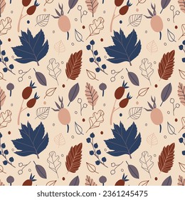 Vector seamless pattern with leaves and berries in cozy colors. hand drawn vector background for scrapbooking, textile or book covers, wallpapers, design, graphic art, printing, hobby, invitation