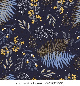 Vector seamless pattern with leaves and berries. Yellow, purple and white colors. Fall endless background