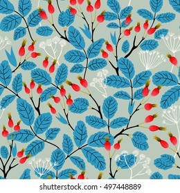 Vector seamless pattern with leaves and berries of wild rose in autumn colors
