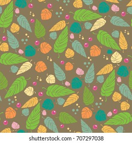 Vector seamless pattern of leaves and berries. Green, yellow, pink colors.