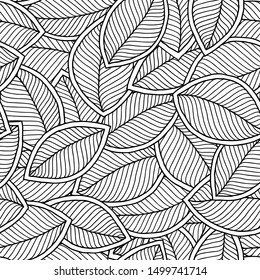 Vector seamless pattern of leaves . black and white graphics Linear. Hand drawing.Good for textile printing and adult coloring books.
