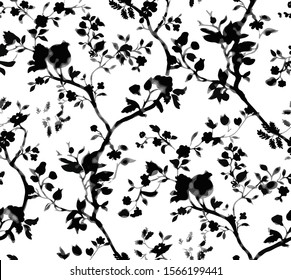 Vector seamless pattern of leaves . black and white graphics Linear. Hand drawing.Good for textile printing and adult coloring books.