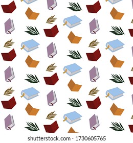Vector seamless pattern. Leaves and blue, purple, yellow, orange and red books