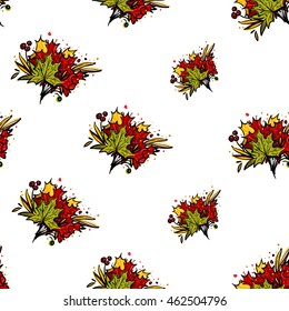 Vector seamless pattern with leaves bouquet. Background for decoration seasonal celebration, greeting card and banner. Hand drawn symbols on white backdrop.