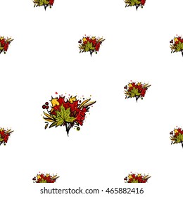 Vector seamless pattern with leaves bouquet. Background for decoration seasonal celebration, greeting card and banner. Hand drawn symbols on white backdrop.